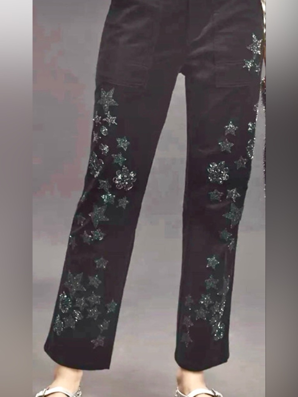 Anthropologie Pilcro Black Stretch Velvet Beaded Embroidered Relaxed Leg Size 26
